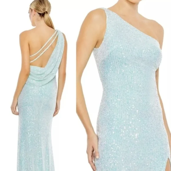 Ieena For Mac Duggal Gown Womens Size 0 Icey Blue Dress Sequined One Shoulder - Picture 15 of 15